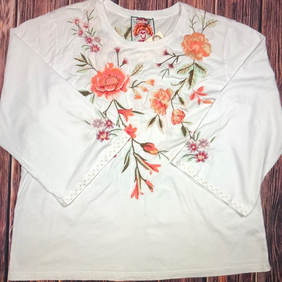 Johnny Was Tops - Johnny Was White Long Sleeve Top with Orange & Pink Floral Embroidery